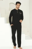Erkek Siyah Bisiklet Yaka 3 Düğmeli Göğüs Cepli Pamuk Likra Mevsimlik Uzun Kol Cepli Pijama Takımı thumbnail 6