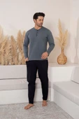 Erkek 3 Düğmeli %100 Pamuk Mevsimlik Uzun Kol Cepli Pijama Takımı thumbnail 7