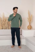 Erkek 3 Düğmeli %100 Pamuk Mevsimlik Uzun Kol Cepli Pijama Takımı thumbnail 2