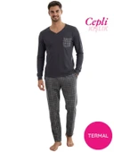 Erkek V Yaka Düğmesiz Göğüs Cepli Yumuşak Termal Bilek Manşetli Kışlık Uzun Kol Cepli Pijama Takımı thumbnail 11