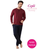 Erkek 3 Düğmeli %100 Pamuk Mevsimlik Uzun Kol Cepli Pijama Takımı thumbnail 8