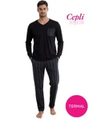 Erkek V Yaka Düğmesiz Göğüs Cepli Yumuşak Termal Bilek Manşetli Kışlık Uzun Kol Cepli Pijama Takımı thumbnail 6