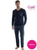 Erkek V Yaka Düğmesiz Göğüs Cepli Yumuşak Termal Bilek Manşetli Kışlık Uzun Kol Cepli Pijama Takımı thumbnail 9