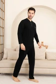 Erkek Siyah Bisiklet Yaka 3 Düğmeli Göğüs Cepli Pamuk Likra Mevsimlik Uzun Kol Cepli Pijama Takımı thumbnail 5