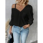 Lucky Life Kadın Tek Omuzdan Açık Askılı Uzun Kollu Yakalı önden Düğmeli Gömlek thumbnail 3