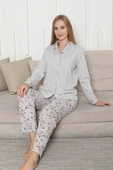Kadın Bej Kalpli Mevsimlik Boydan Önden Düğmeli Gömlek Yaka Likralı Viskon Uzun Kol Cepli Pijama Takımı thumbnail 5