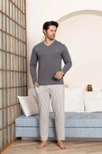 Erkek Düğmesiz Çizgili Jakar Kumaş Mevsimlik Kol Manşetli Uzun Kol Cepli Pijama Takımı thumbnail 4