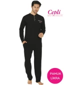 Erkek Siyah Bisiklet Yaka 3 Düğmeli Göğüs Cepli Pamuk Likra Mevsimlik Uzun Kol Cepli Pijama Takımı thumbnail 1