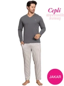 Erkek Düğmesiz Çizgili Jakar Kumaş Mevsimlik Kol Manşetli Uzun Kol Cepli Pijama Takımı thumbnail 8