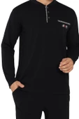 Erkek Siyah Bisiklet Yaka 3 Düğmeli Göğüs Cepli Pamuk Likra Mevsimlik Uzun Kol Cepli Pijama Takımı thumbnail 3