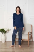 Kadın Bisiklet Yaka Düğmesiz Dökümlü Viskon Mevsimlik Uzun Kol Cepli Pijama Takımı thumbnail 2