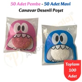100 Adet Pembe-Mavi Renkli Canavar Desenli Cake Pop & Kurabiye Poşeti-10x15 cm thumbnail 1