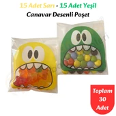 30 Adet Sarı-Yeşil Renkli Canavar Desenli Cake Pop & Kurabiye Poşeti-10x15 cm thumbnail 1