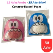 30 Adet Pembe-Mavi Renkli Canavar Desenli Cake Pop & Kurabiye Poşeti-10x15 cm thumbnail 2