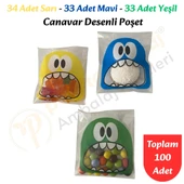 100 Adet Sarı-Mavi-Yeşil Renkli Canavar Desenli Cake Pop & Kurabiye Poşeti-10x15 cm thumbnail 1