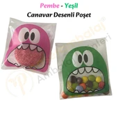 30 Adet Pembe-Yeşil Renkli Canavar Desenli Cake Pop & Kurabiye Poşeti-10x15 cm thumbnail 2