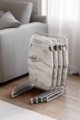 Zigon Sehpa , Miami 4'lü Zigon Sehpa Takımı , Gümüş Metal - Beyaz Mermer Tabla thumbnail 1