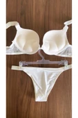 Zi Ekru Double Push Up Balenli Taşlı Sütyen Külot Takımı thumbnail 2