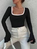 Kare yaka garni detay ispanyol kol bluz siyah thumbnail 1