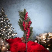 Yapay Çiçek Kokina ve Çam Dalı Uzun Dal Kozalaklı 75cm Yılbaşı Çiçeği Pıtırcıklı (1 adet) thumbnail 3