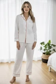 Varol %100 Pamuk Müslin Kadın Pijama Takımı - BEYAZ thumbnail 2