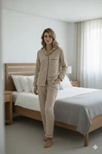 Varol %100 Pamuk Müslin Kadın Pijama Takımı - BEJ thumbnail 3