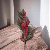 Yapay Çiçek Kokina ve Çam Dalı Uzun Dal Kozalaklı 75cm Yılbaşı Çiçeği Pıtırcıklı (1 adet) thumbnail 1