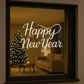 Happy New Year Temalı Vitrin Cam Sticker Beyaz Model 3 90X50 cm thumbnail 2