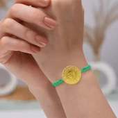 Gekas Kuyumculuk 22 Ayar Yeni Tam Altın Yeşil Renkli İpli Bileklik thumbnail 1