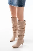 SR-2001 Bej Süet İnce Topuklu Günlük Bayan Çizme thumbnail 2