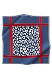%100 Twill İpek Leopar Desenli İndigo - Kırmızı Renkli 90x90 Eşarp Dikim Şekli : El Dikişi thumbnail 2
