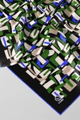 Twill Geometrik Desenli Zümrüt Yeşili - Saks Renkli 90x90 Eşarp (İpek İçermez) Dikim Şekli : El Dikişi thumbnail 2
