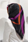 %100 Twill İpek Çizgili Geometrik Desenli Siyah - Gri Renkli 90x90 Eşarp Dikim Şekli : El Dikişi thumbnail 1