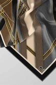 Twill Gold Çerçeveli Renkli Şerit Desenli Gri - Bej Renkli 90x90 Eşarp (İpek İçermez) Dikim Şekli : El Dikişi thumbnail 4