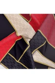 %100 Twill İpek Geometrik Desenli Siyah - Kırmızı Renkli 90x90 Eşarp Dikim Şekli : El Dikişi thumbnail 6