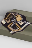 %100 Twill İpek Kare Desenli Siyah - Gold Renkli 90x90 Eşarp Kenar Dikiş Şekli El Dikişli thumbnail 6