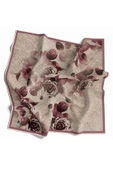 Twill Gül Desenli Pudra Renkli 90x90 Eşarp (İpek İçermez) Kenar Dikiş Şekli El Dikişli thumbnail 1