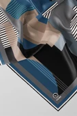 Twill Çizgili Ve Geometrik Desenli  Petrol Mavisi Renkli 90x90 Eşarp (İpek İçermez) Kenar Dikiş Şekli El Dikişli thumbnail 2