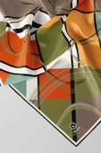 Twill Geometrik Desenli Turuncu - Haki Renkli 90x90 Eşarp (İpek İçermez) Dikim Şekli : El Dikişi thumbnail 2