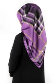 Twill Kemerli ve Ekose Desenli Lila Renkli 90x90 Eşarp (İpek İçermez)Kenar Dikiş Şekli El Dikişli thumbnail 1