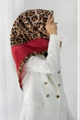 %100 Twill İpek Leopar Desenli Kırmızı Renkli 90x90 Eşarp Dikim Şekli : El Dikişi thumbnail 1
