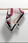 %100 Twill İpek Geometrik Ve Çatlak Desenli Bordo - Siyah Renkli 90x90 Eşarp Dikim Şekli : El Dikişi thumbnail 5