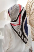 %100 Twill İpek Çizgili Geometrik Desenli Beyaz - Saks Renkli 90x90 Eşarp Dikim Şekli : El Dikişi thumbnail 1