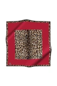 %100 Twill İpek Leopar Desenli Kırmızı Renkli 90x90 Eşarp Dikim Şekli : El Dikişi thumbnail 2