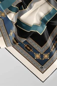 Twill Gold Detaylı ve Antik Motif Desenli İndigo Renkli 90x90 Eşarp (İpek İçermez) Kenar Dikiş Şekli El Dikişli thumbnail 3
