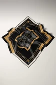 %100 Twill İpek Ekose Desenli Gold Renkli 90x90 Eşarp Dikim Şekli : El Dikişi thumbnail 2