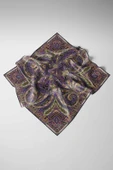 100% Twill İpek Etnik Desenli Siyah - Mor Renkli 90x90 Dikim Şekli : El Dikişi Eşarp thumbnail 6