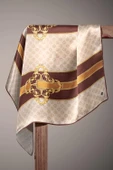 %100 Twill İpek Monogramlı Ve Barok Desenli Kahverengi - Bej Renkli 90x90 Eşarp Dikim Şekli : El Dikişi thumbnail 5