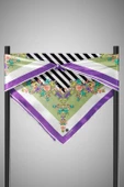 %100 Twill İpek Çıtır Çiçekli Ve Çizgi Desenli Mor - Haki Renkli 90x90 Eşarp Dikim Şekli : El Dikişi thumbnail 3