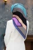 %100 Twill Renk Bloklu Çizgili Desenli Lila - İndigo Renkli 90x90 Eşarp Dikim Şekli: El Dikişii thumbnail 1